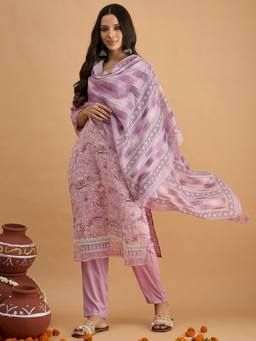 Purple Embroidered Cotton Blend Kurta With Pant & Dupatta