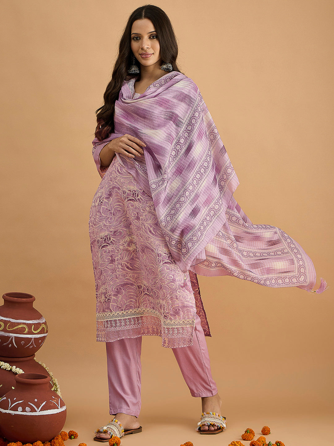 Purple Embroidered Cotton Blend Kurta With Pant & Dupatta