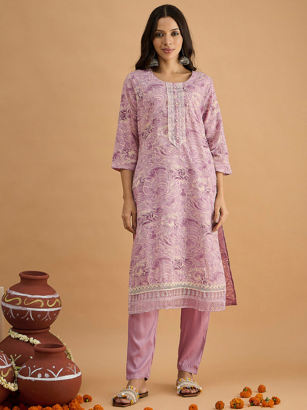 Purple Embroidered Cotton Blend Kurta With Pant & Dupatta