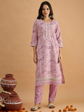 Purple Embroidered Cotton Blend Kurta With Pant & Dupatta