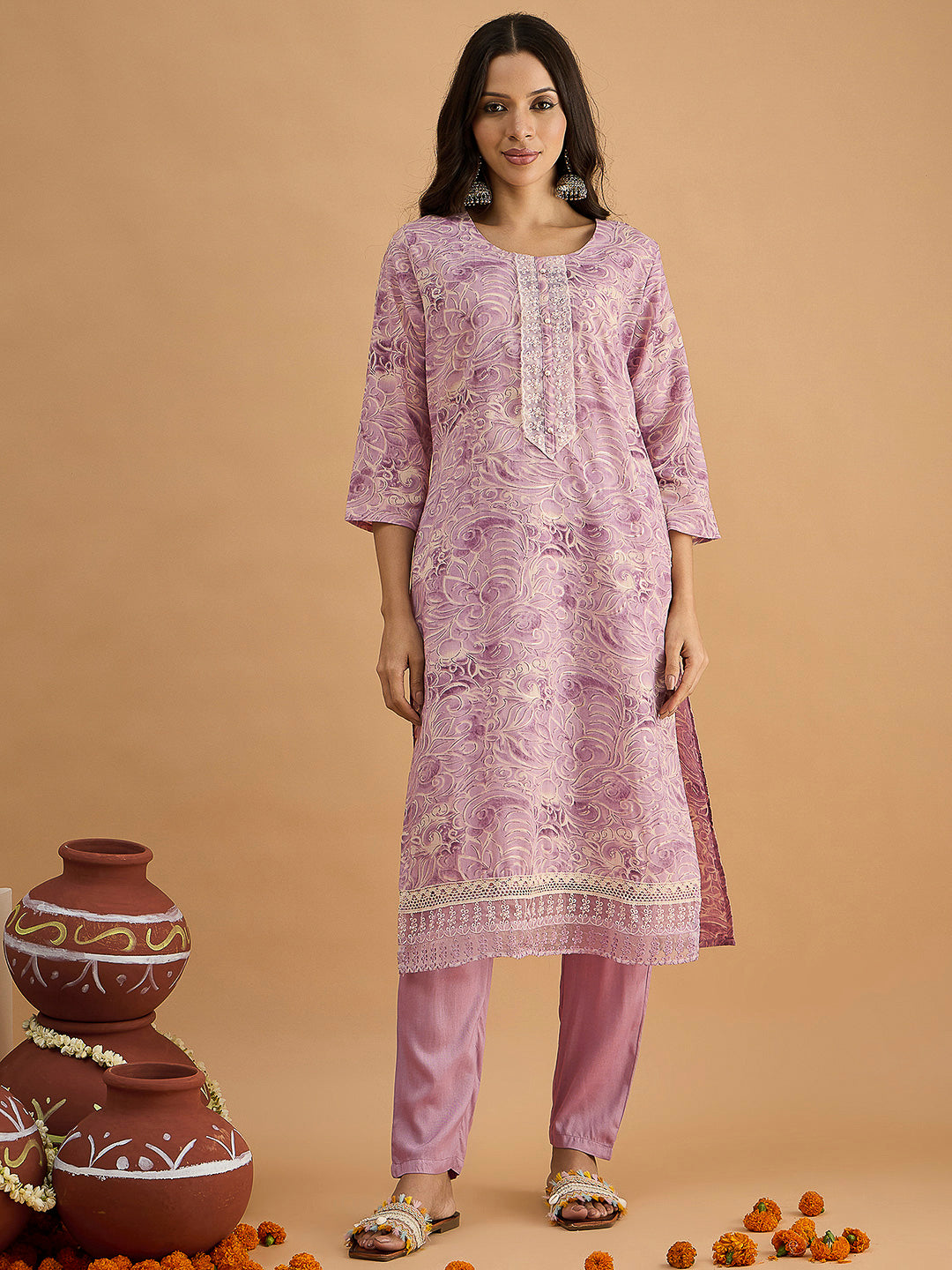 Purple Embroidered Cotton Blend Kurta With Pant & Dupatta