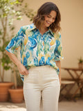 Blue Printed Cotton Blend Tunic Top