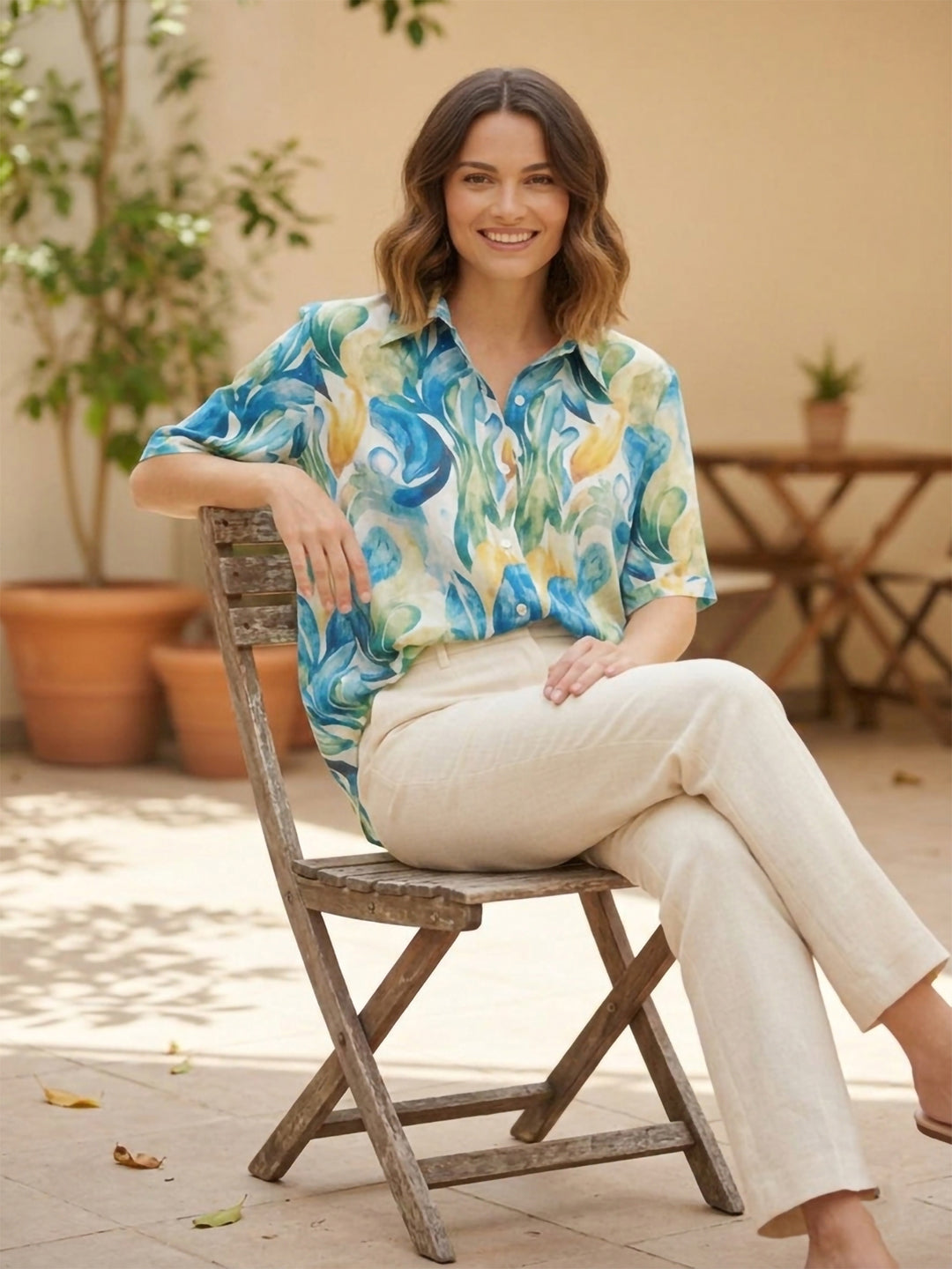 Blue Printed Cotton Blend Tunic Top