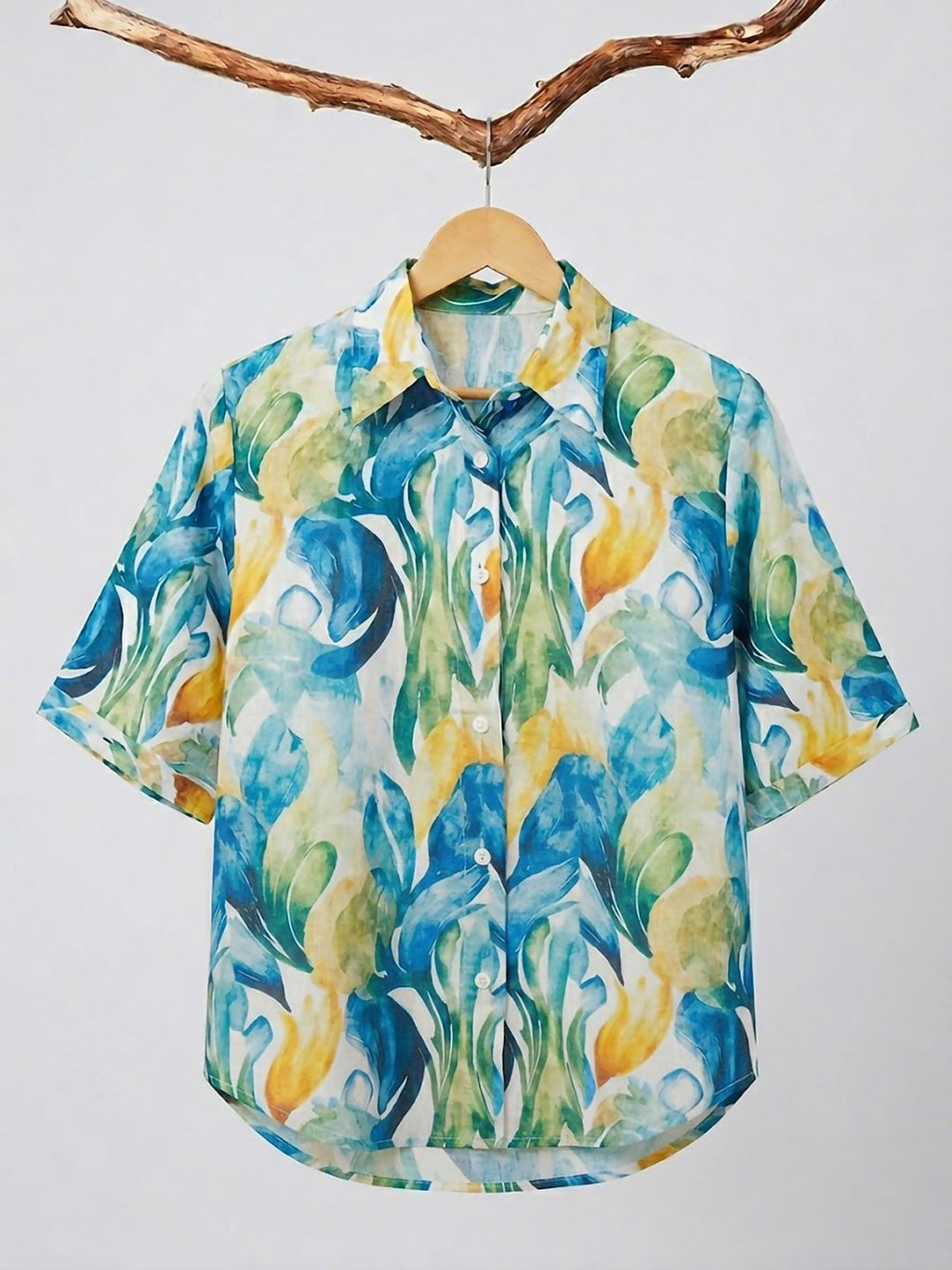 Blue Printed Cotton Blend Tunic Top