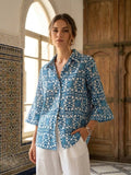 Blue Printed Cotton Blend Tunic Top
