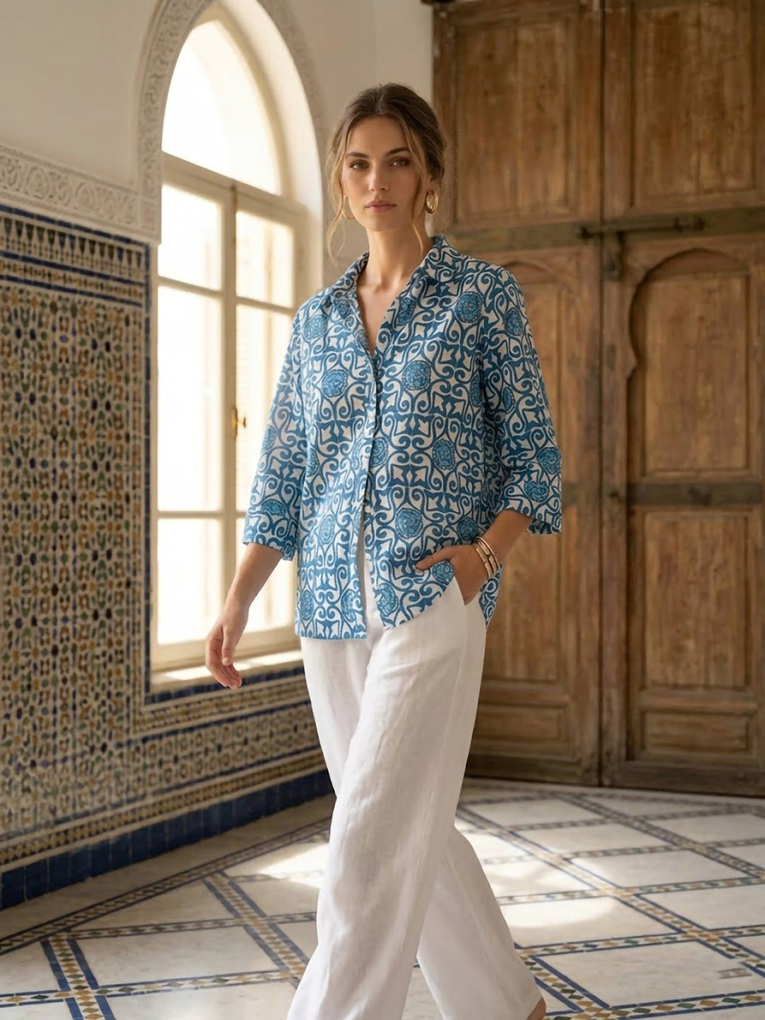 Blue Printed Cotton Blend Tunic Top