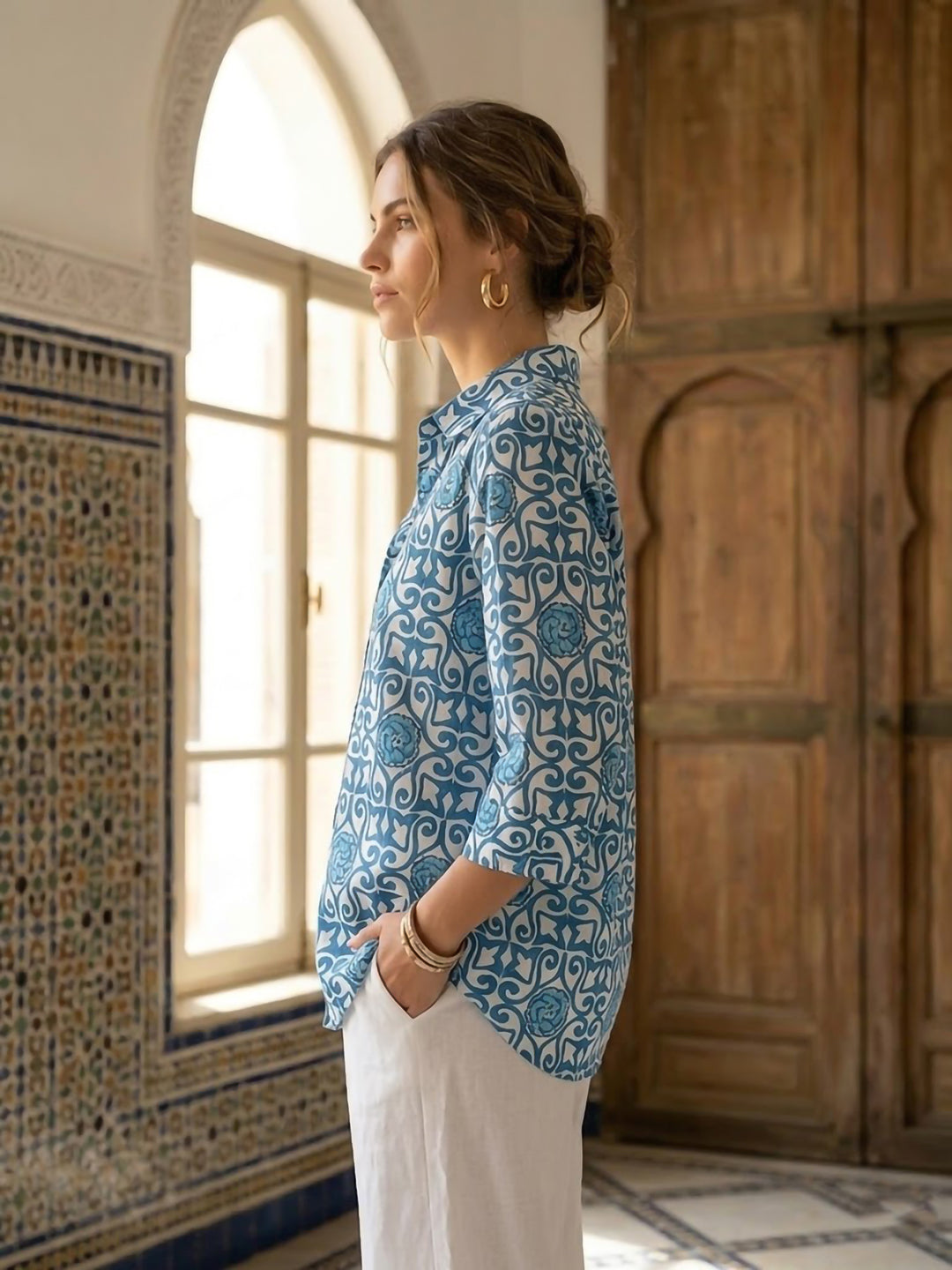 Blue Printed Cotton Blend Tunic Top