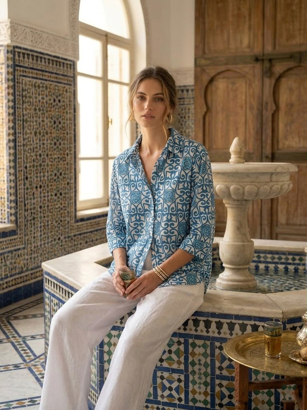 Blue Printed Cotton Blend Tunic Top