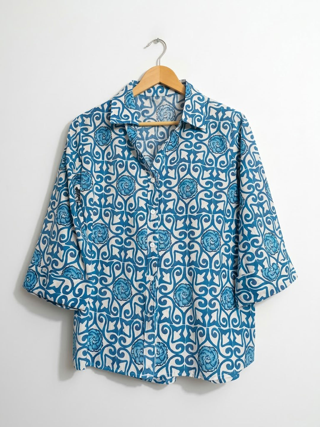 Blue Printed Cotton Blend Tunic Top