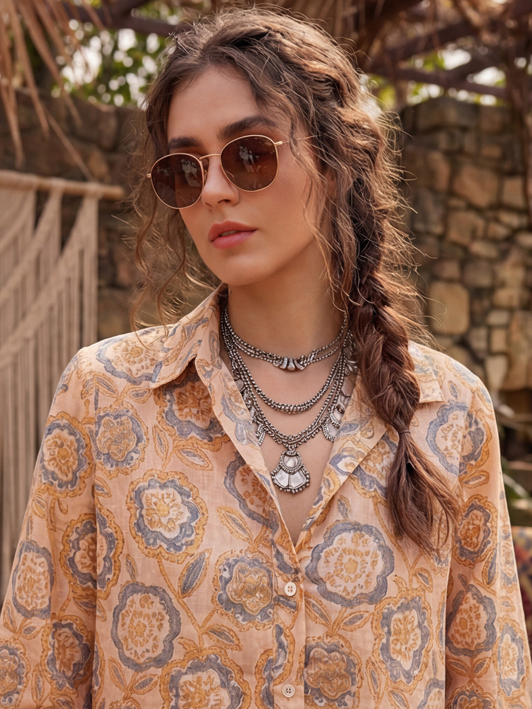 Mustard Printed Cotton Blend Tunic Top