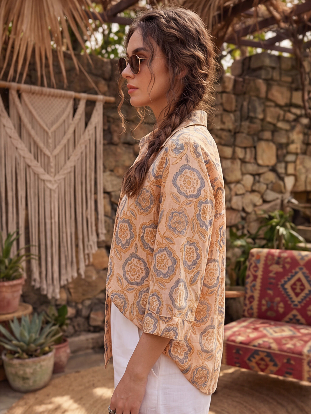 Mustard Printed Cotton Blend Tunic Top