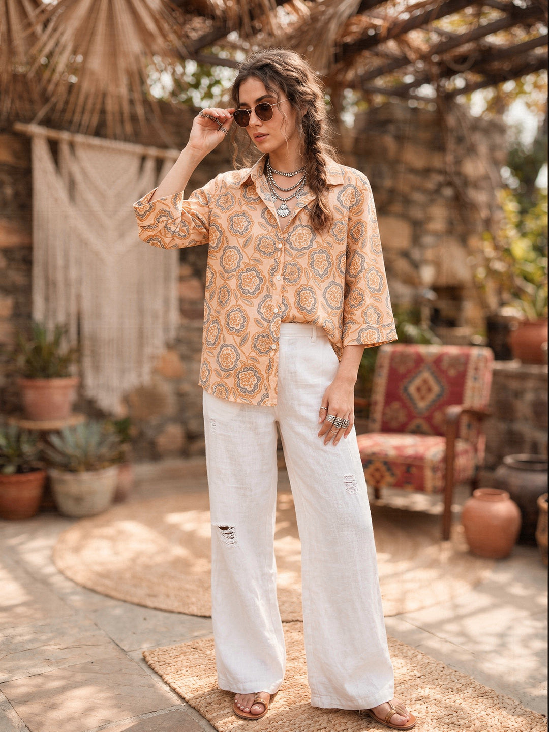 Mustard Printed Cotton Blend Tunic Top