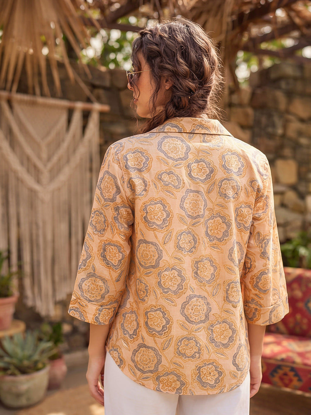 Mustard Printed Cotton Blend Tunic Top