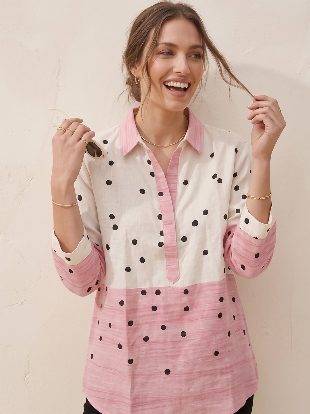 White-Pink Printed Cotton Blend Tunic Top