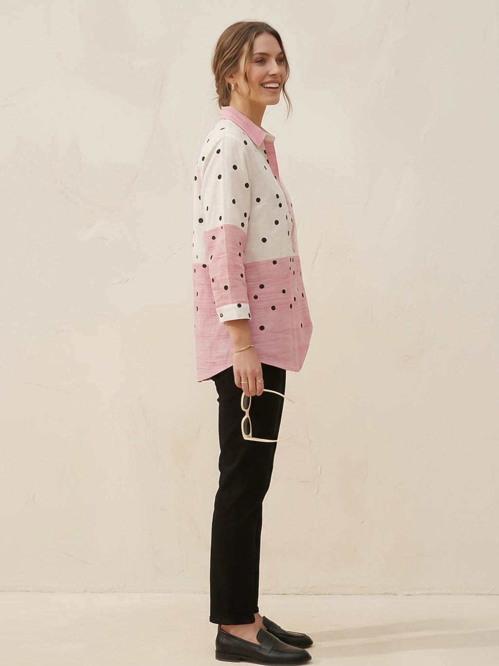 White-Pink Printed Cotton Blend Tunic Top