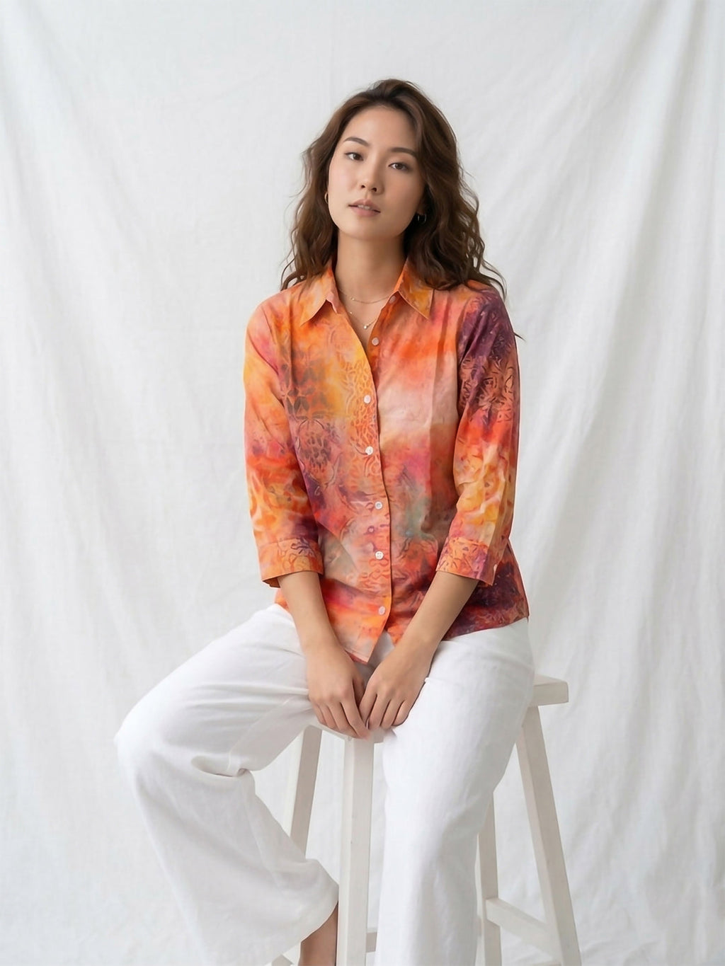 Orange Printed Cotton Blend Tunic Top
