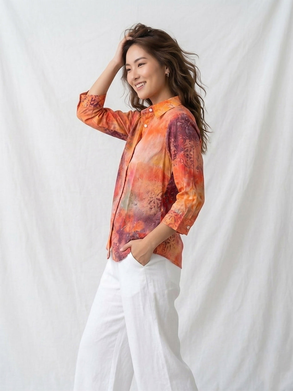 Orange Printed Cotton Blend Tunic Top