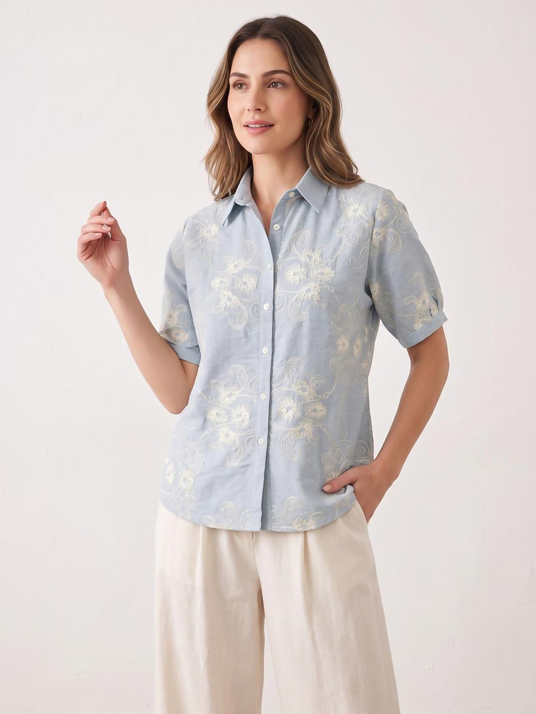 Blue Printed Cotton Blend Tunic Top
