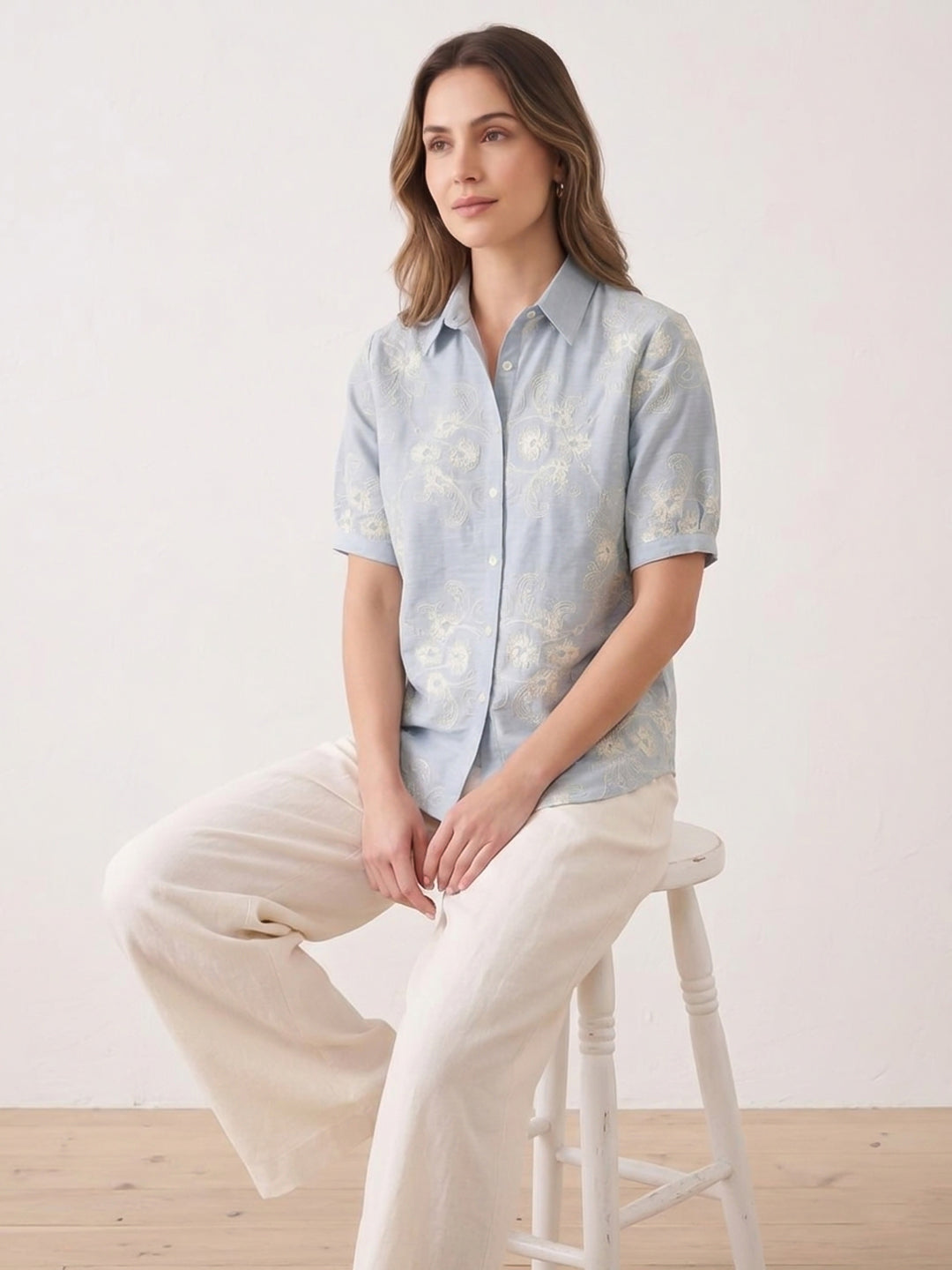 Blue Printed Cotton Blend Tunic Top