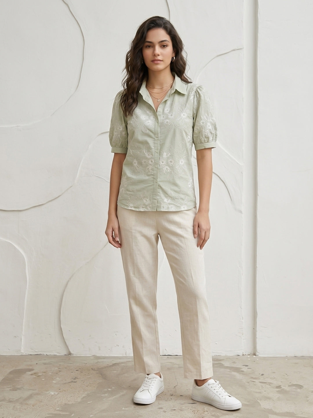 Sea-Green Printed Cotton Blend Tunic Top