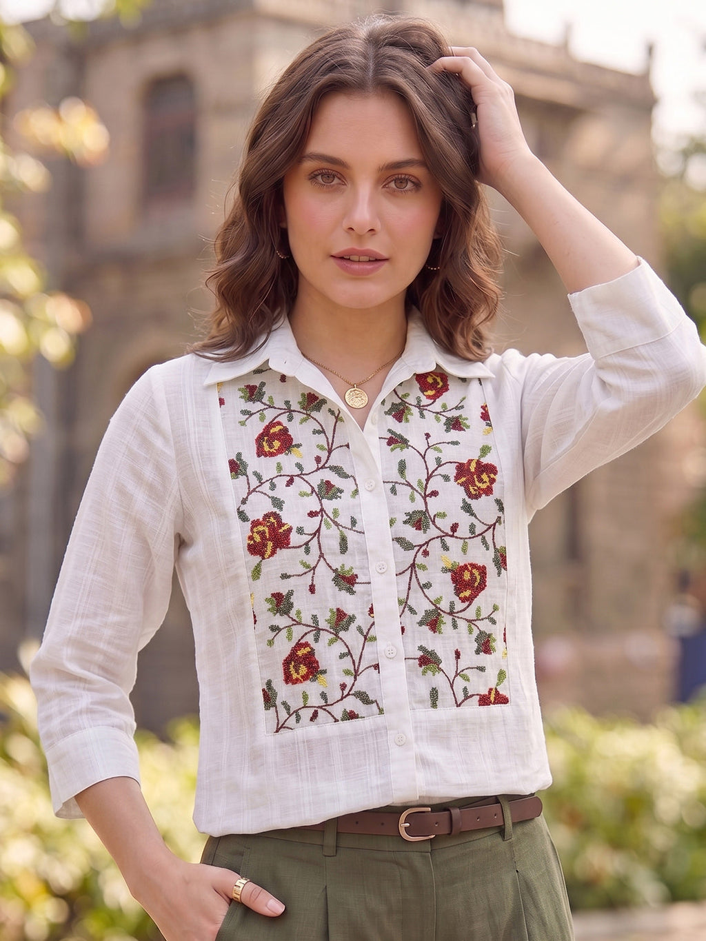White Printed Cotton Blend Tunic Top