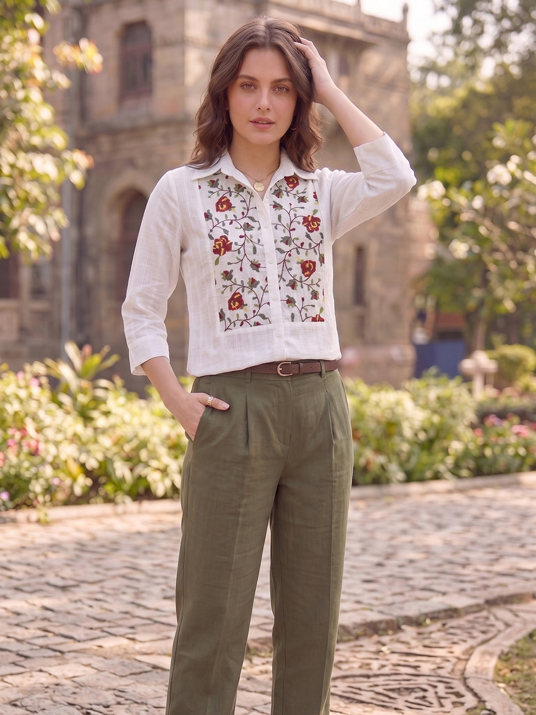 White Printed Cotton Blend Tunic Top