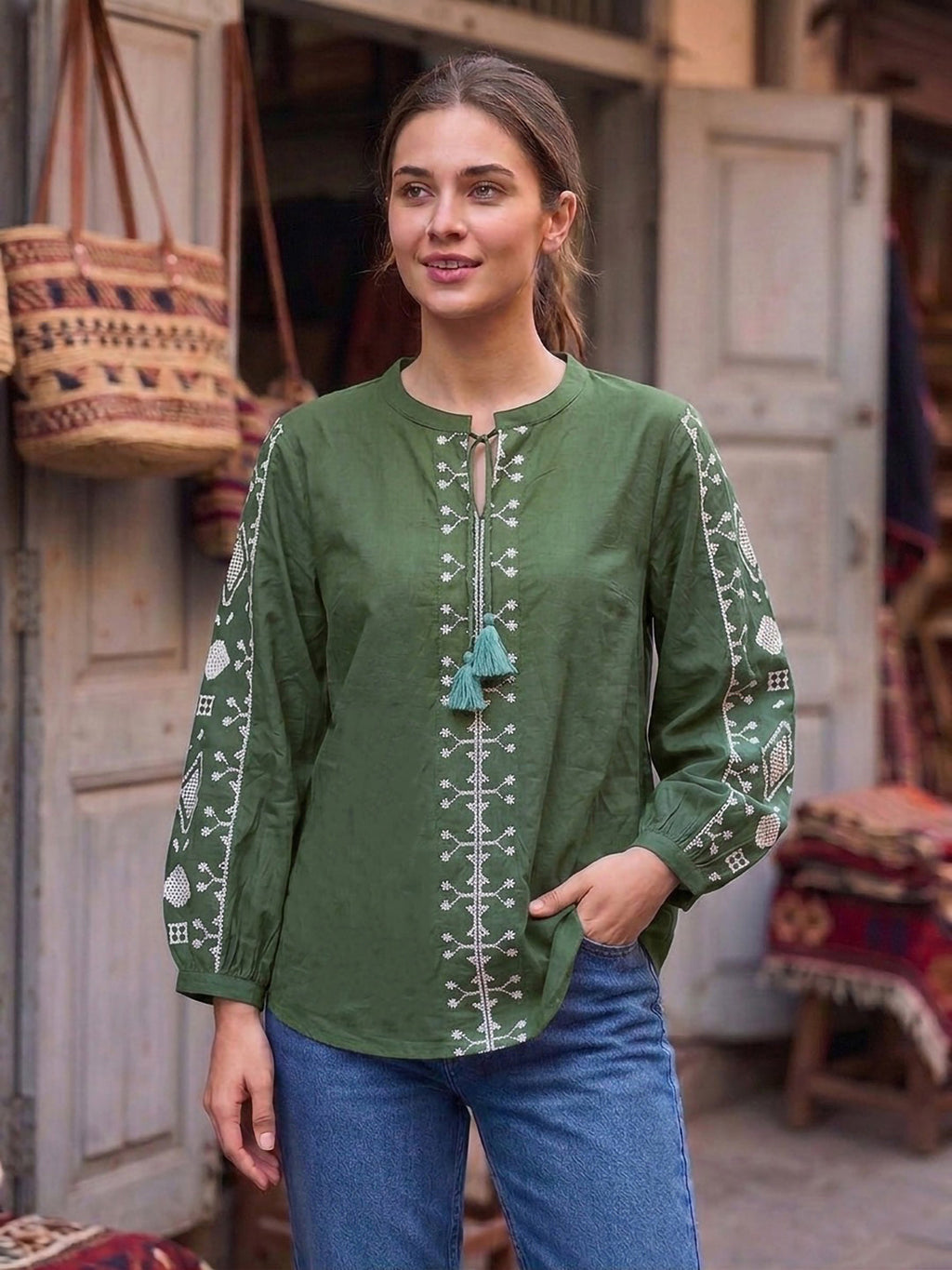 Green Printed Cotton Blend Tunic Top