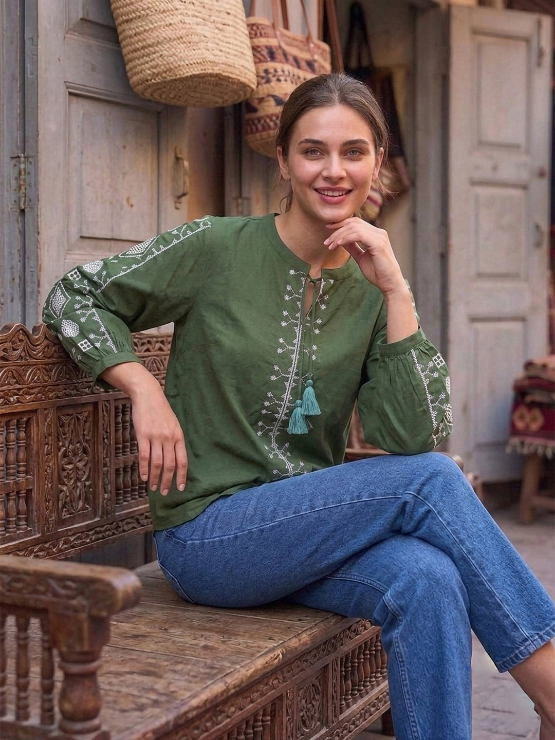 Green Printed Cotton Blend Tunic Top