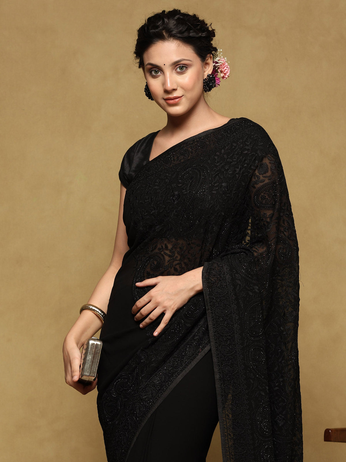 Black Embroidered Georgette Saree