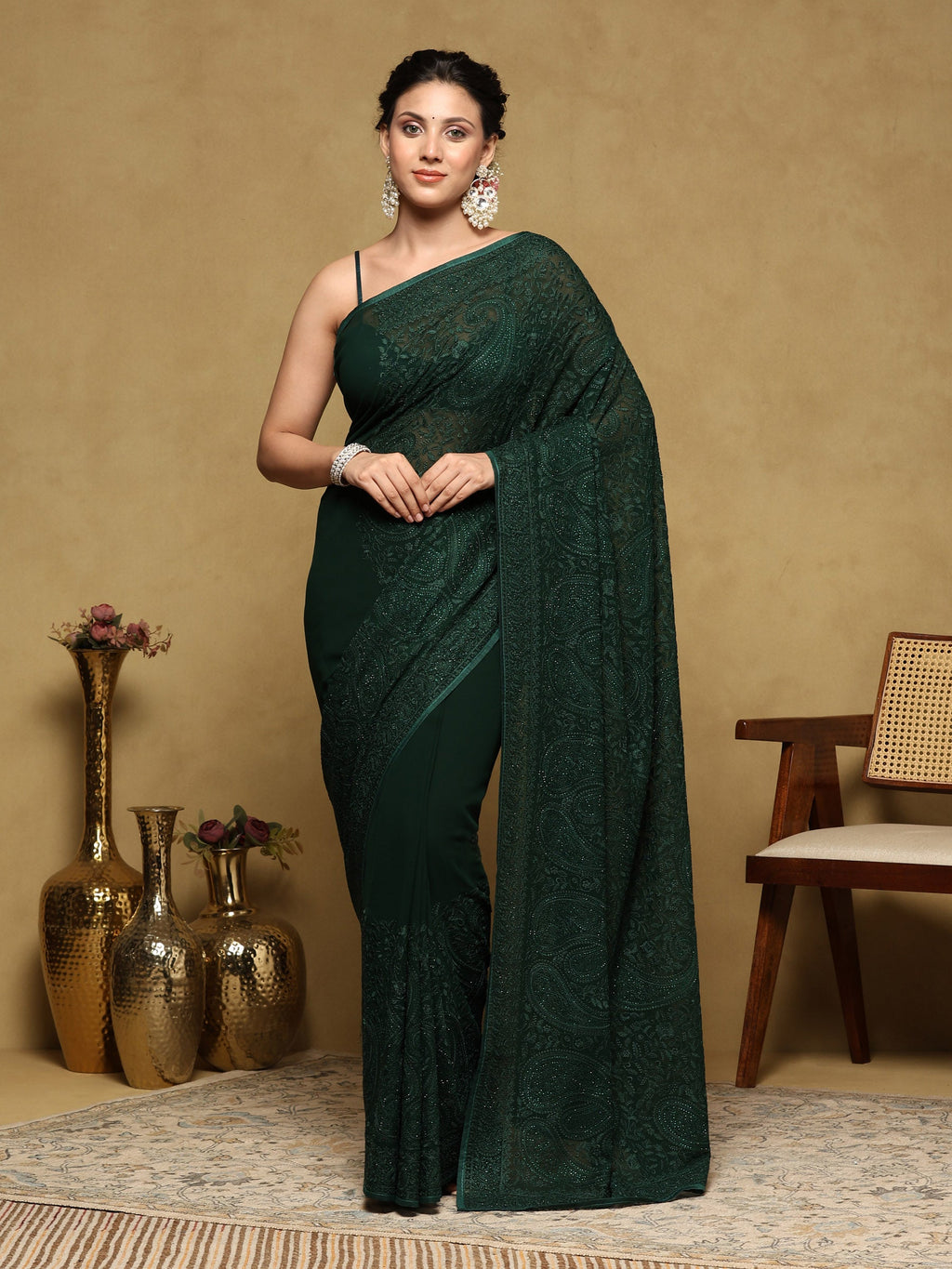 Bottle Green Embroidered Georgette Saree