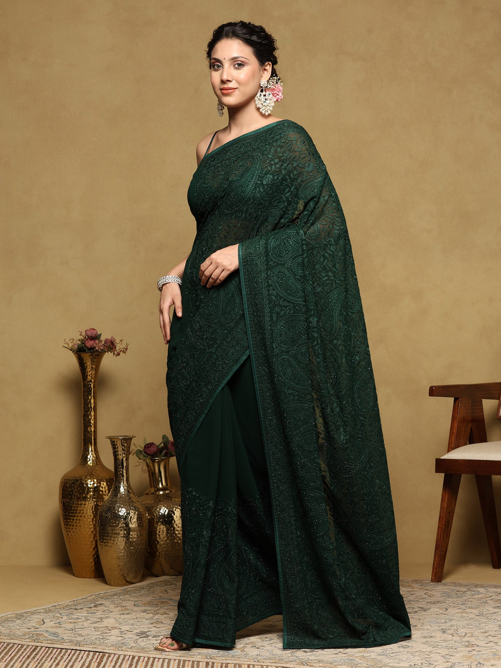 Bottle Green Embroidered Georgette Saree