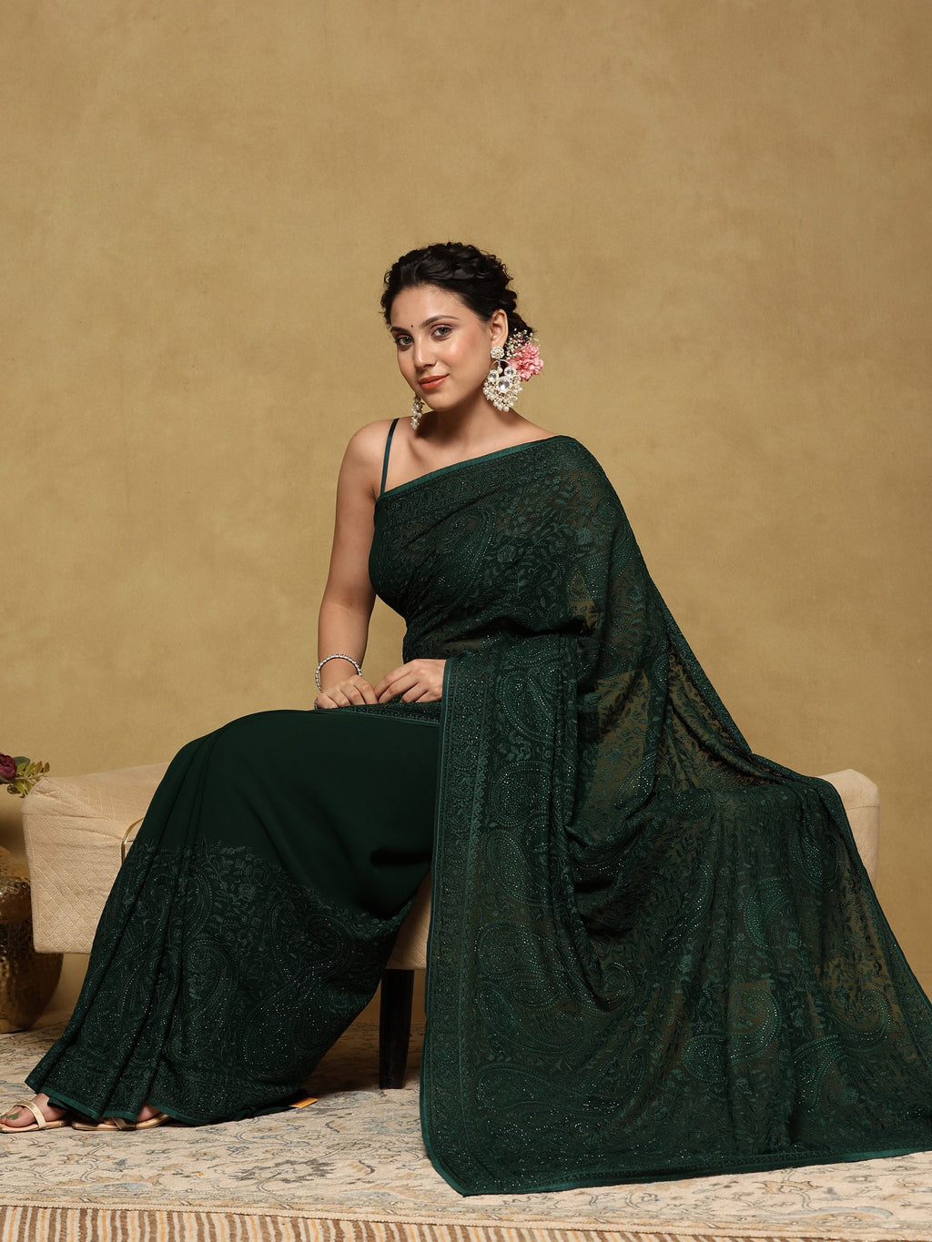 Bottle Green Embroidered Georgette Saree