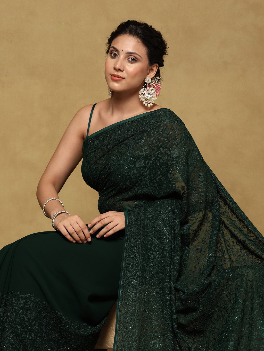 Bottle Green Embroidered Georgette Saree
