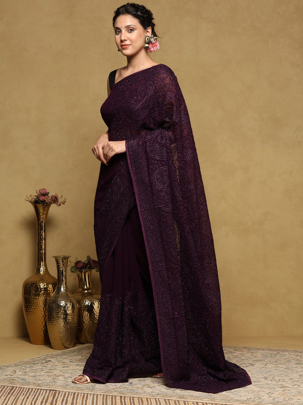 Purple Embroidered Georgette Saree