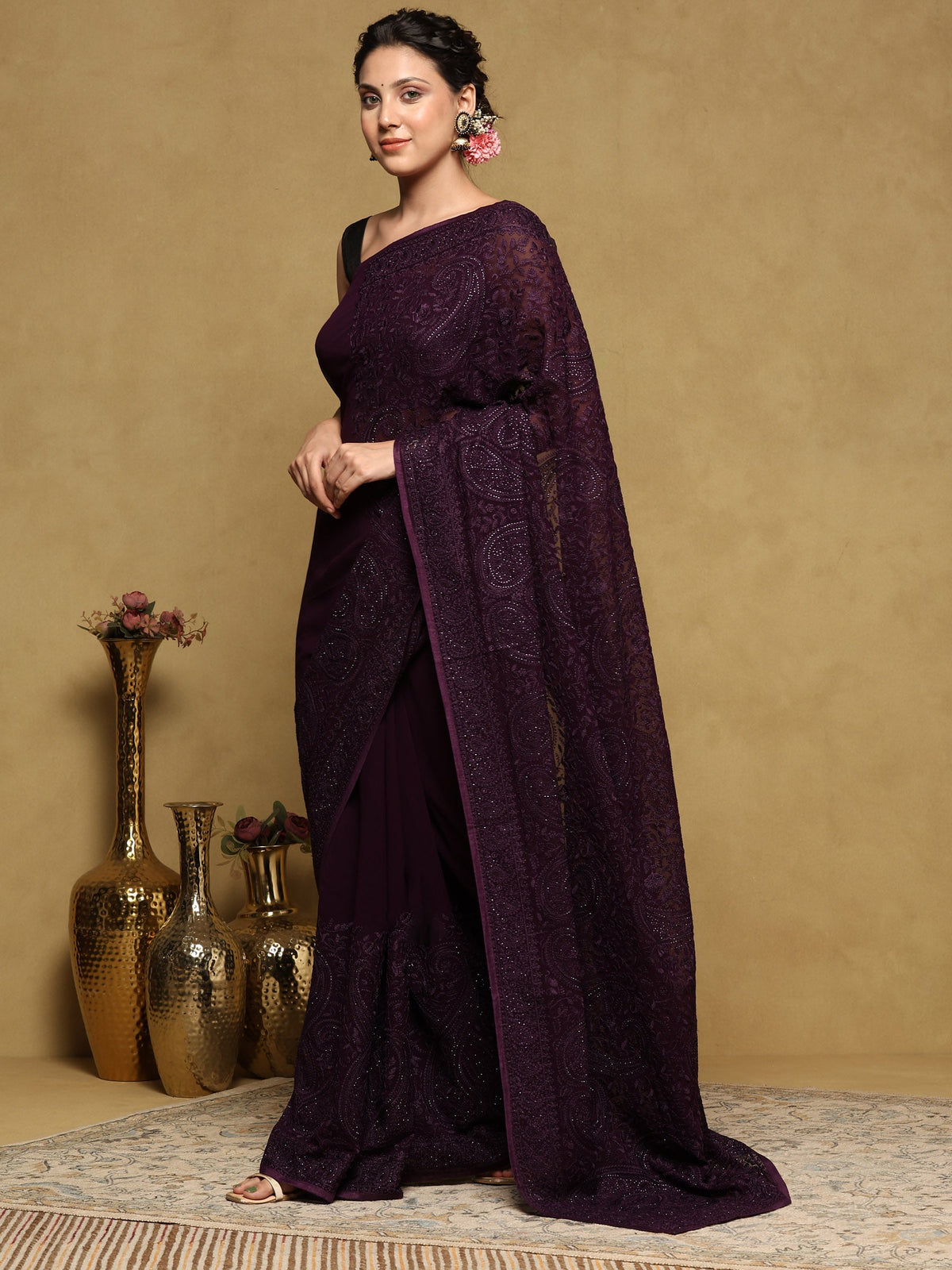 Purple Embroidered Georgette Saree