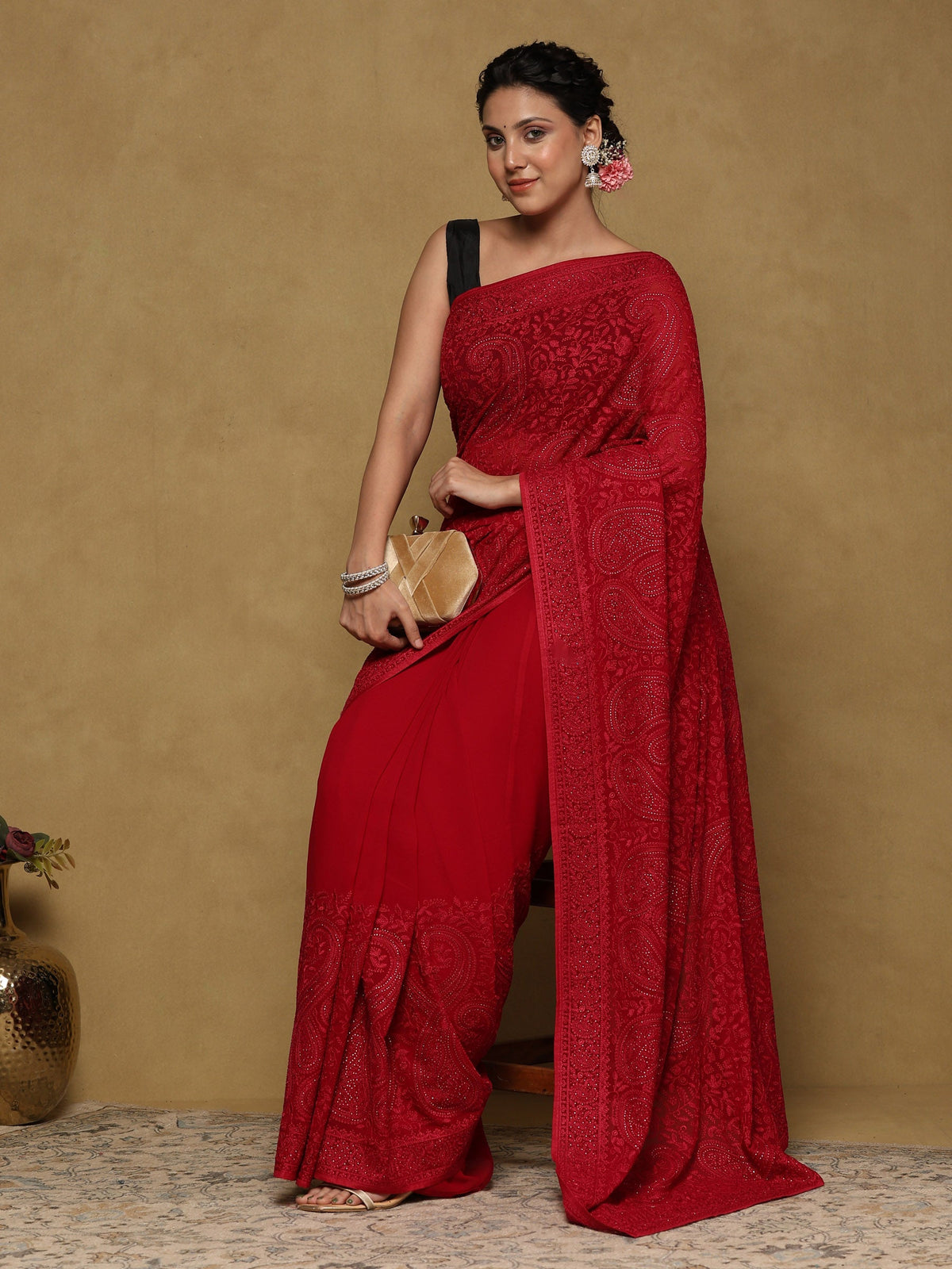 Rani Embroidered Georgette Saree