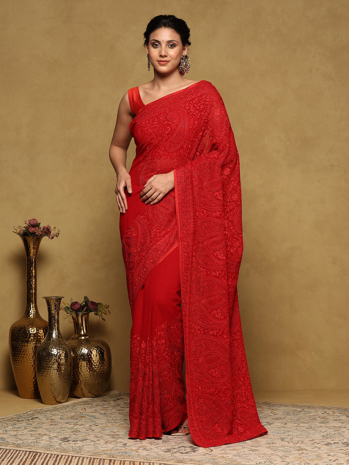 Red Embroidered Georgette Saree