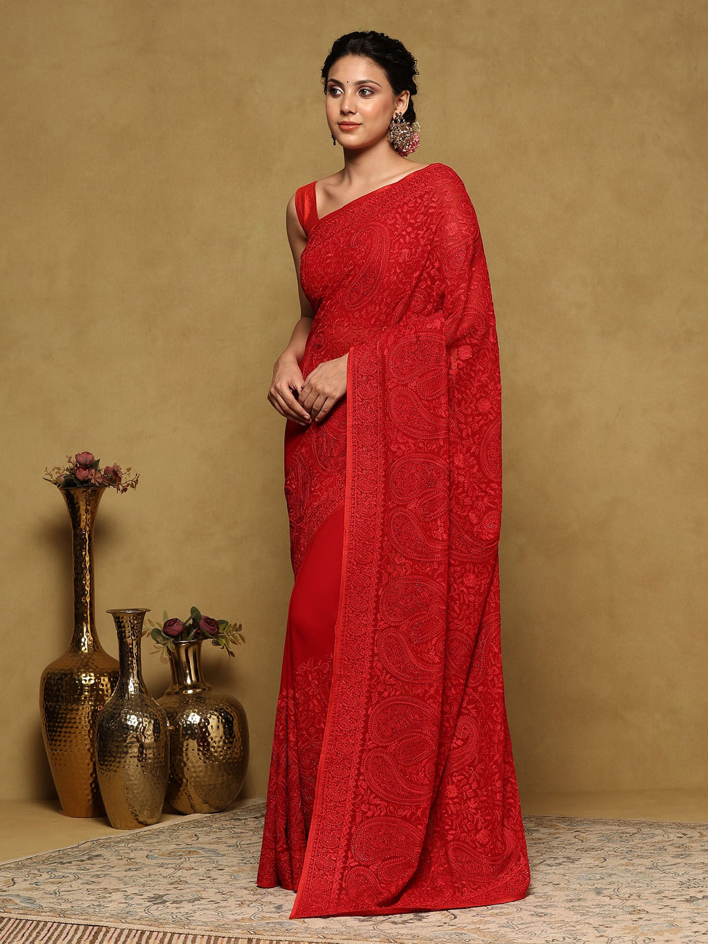 Red Embroidered Georgette Saree