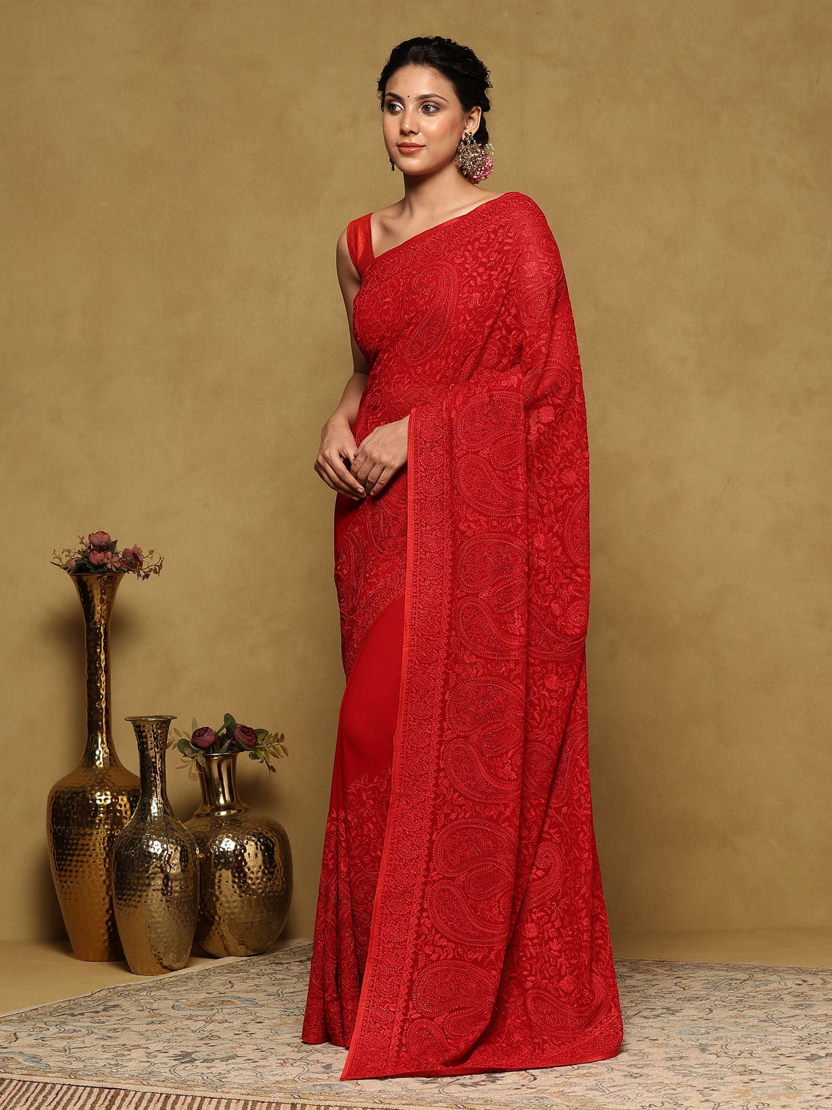 Red Embroidered Georgette Saree