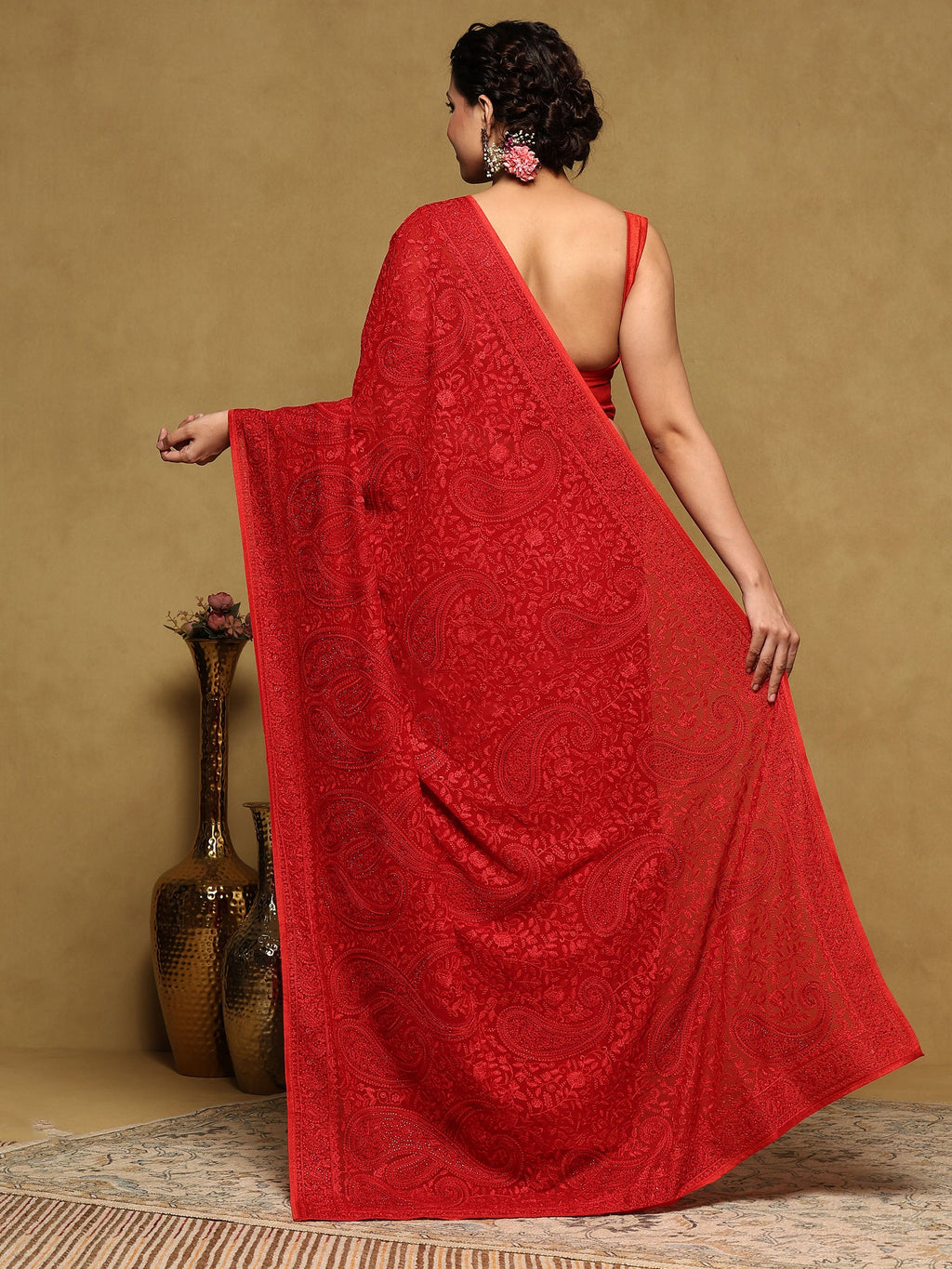 Red Embroidered Georgette Saree