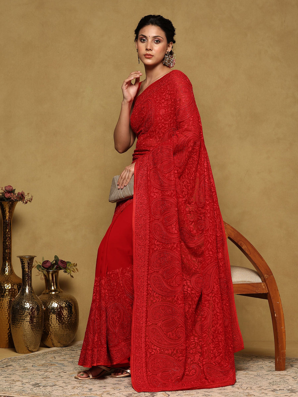 Red Embroidered Georgette Saree