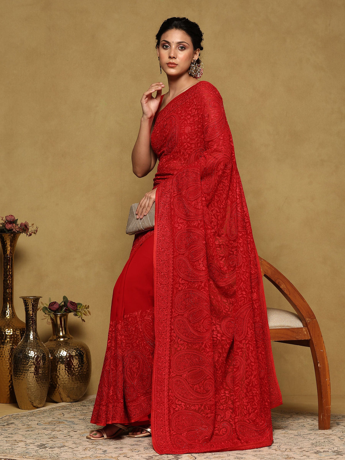 Red Embroidered Georgette Saree