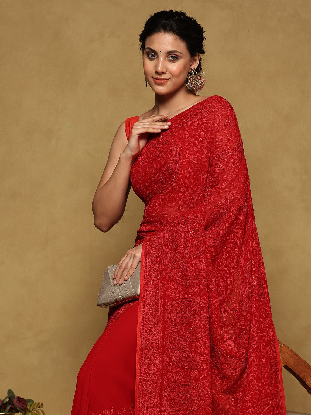 Red Embroidered Georgette Saree