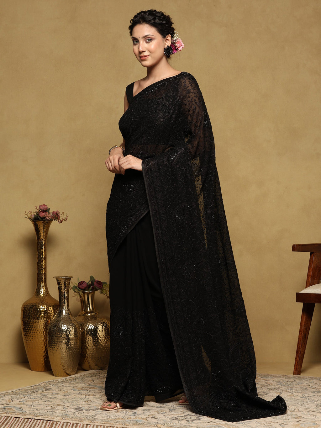 Black Embroidered Georgette Saree