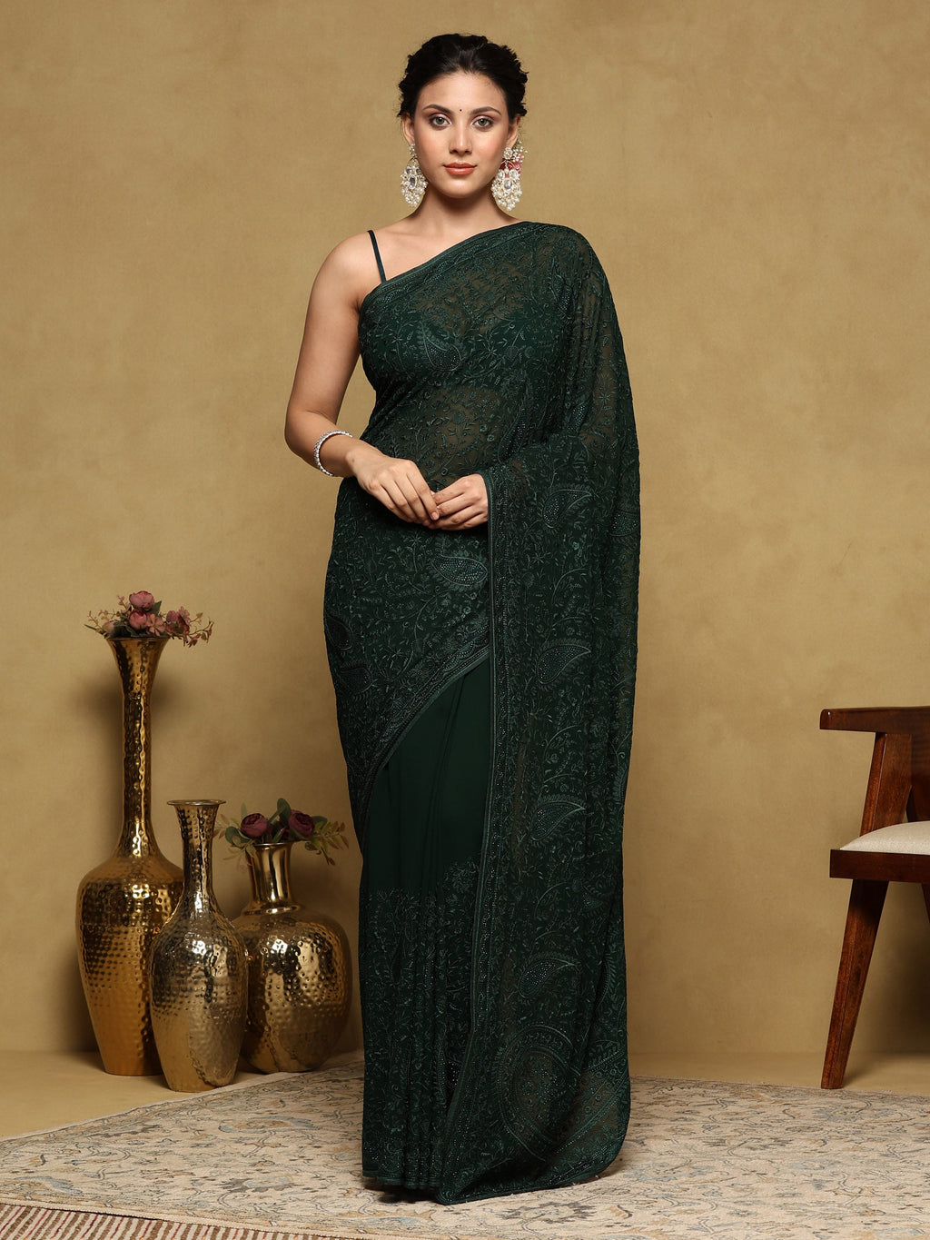 Bottle Green Embroidered Georgette Saree