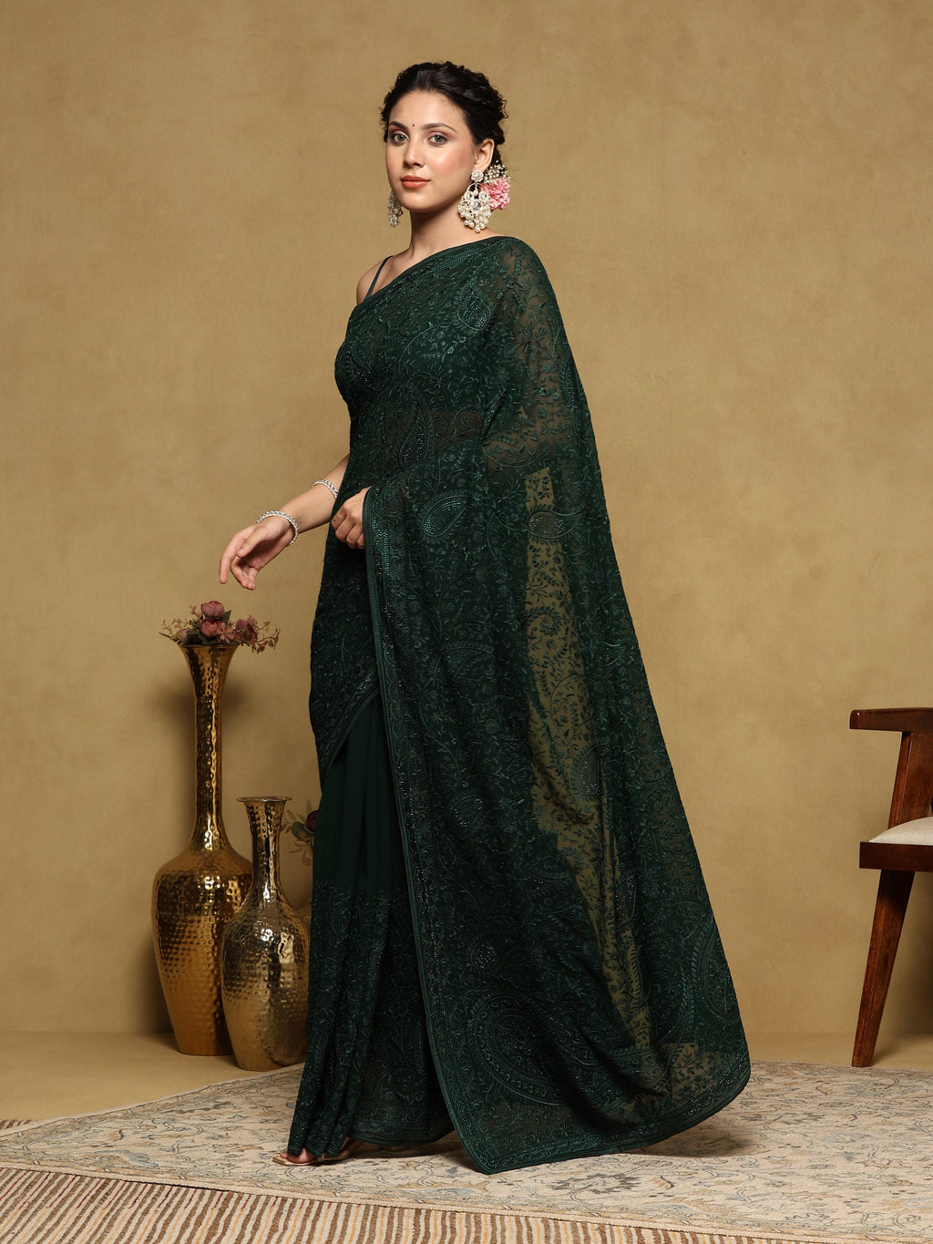 Bottle Green Embroidered Georgette Saree