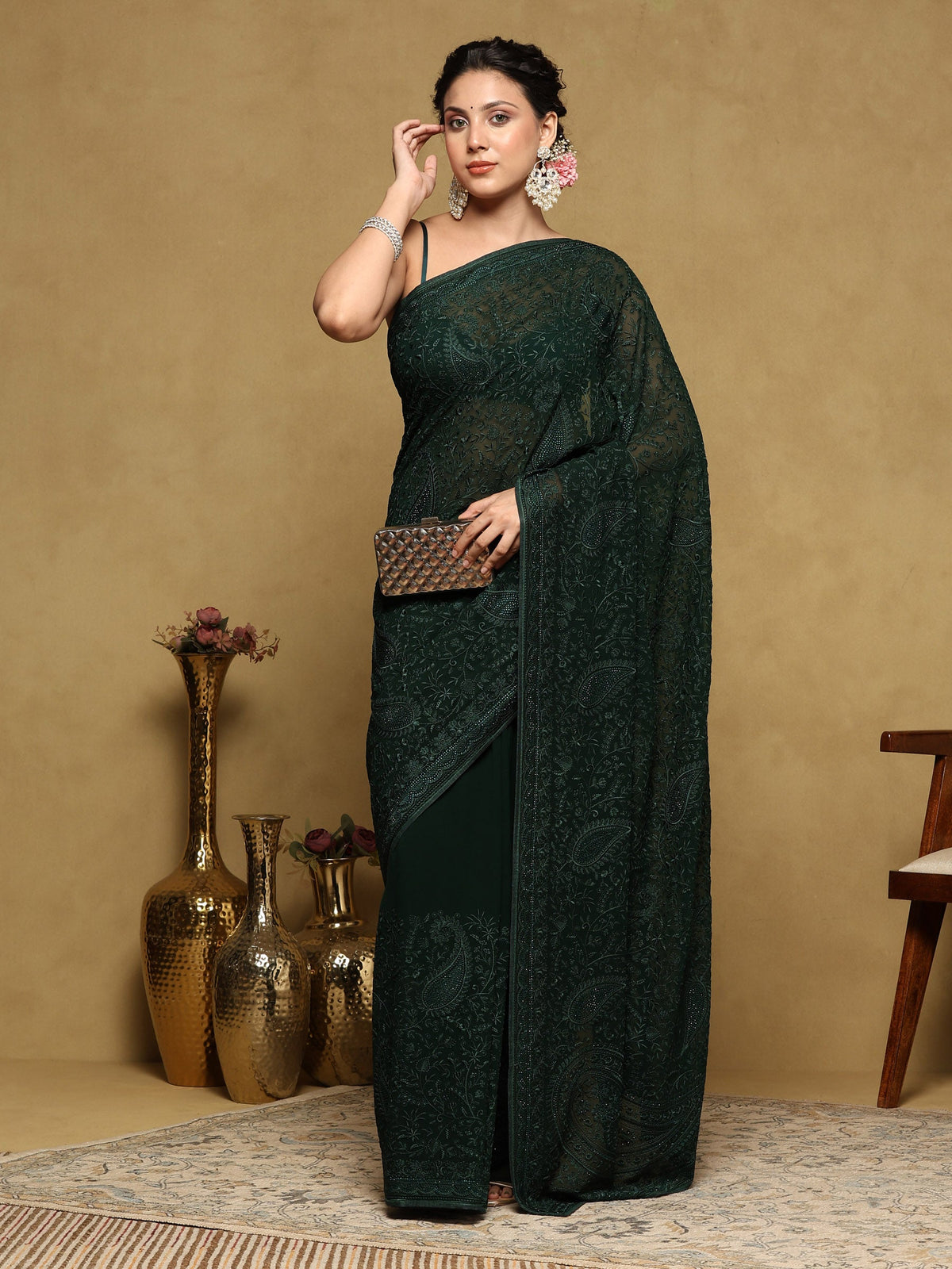 Bottle Green Embroidered Georgette Saree