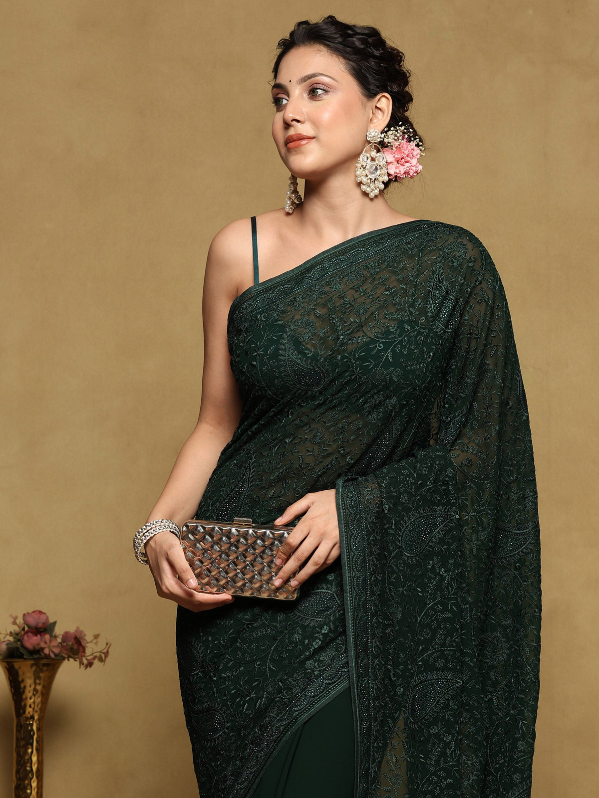 Bottle Green Embroidered Georgette Saree