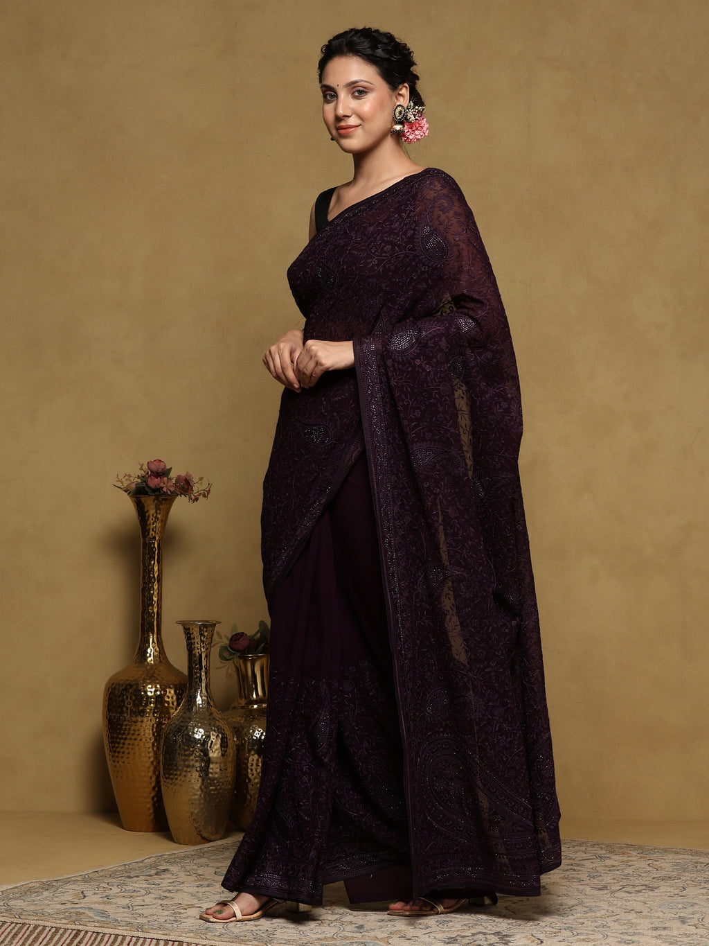 Purple Embroidered Georgette Saree