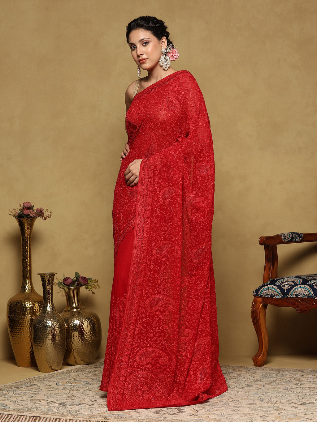 Red Embroidered Georgette Saree